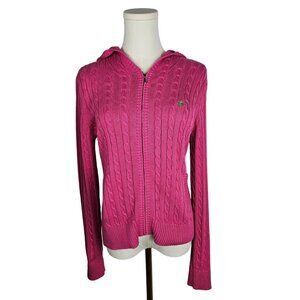 Lilly Pulitzer Vtg Hoodie Sweater Small Pink Cable Knit Zip Palm Tree Embroidery